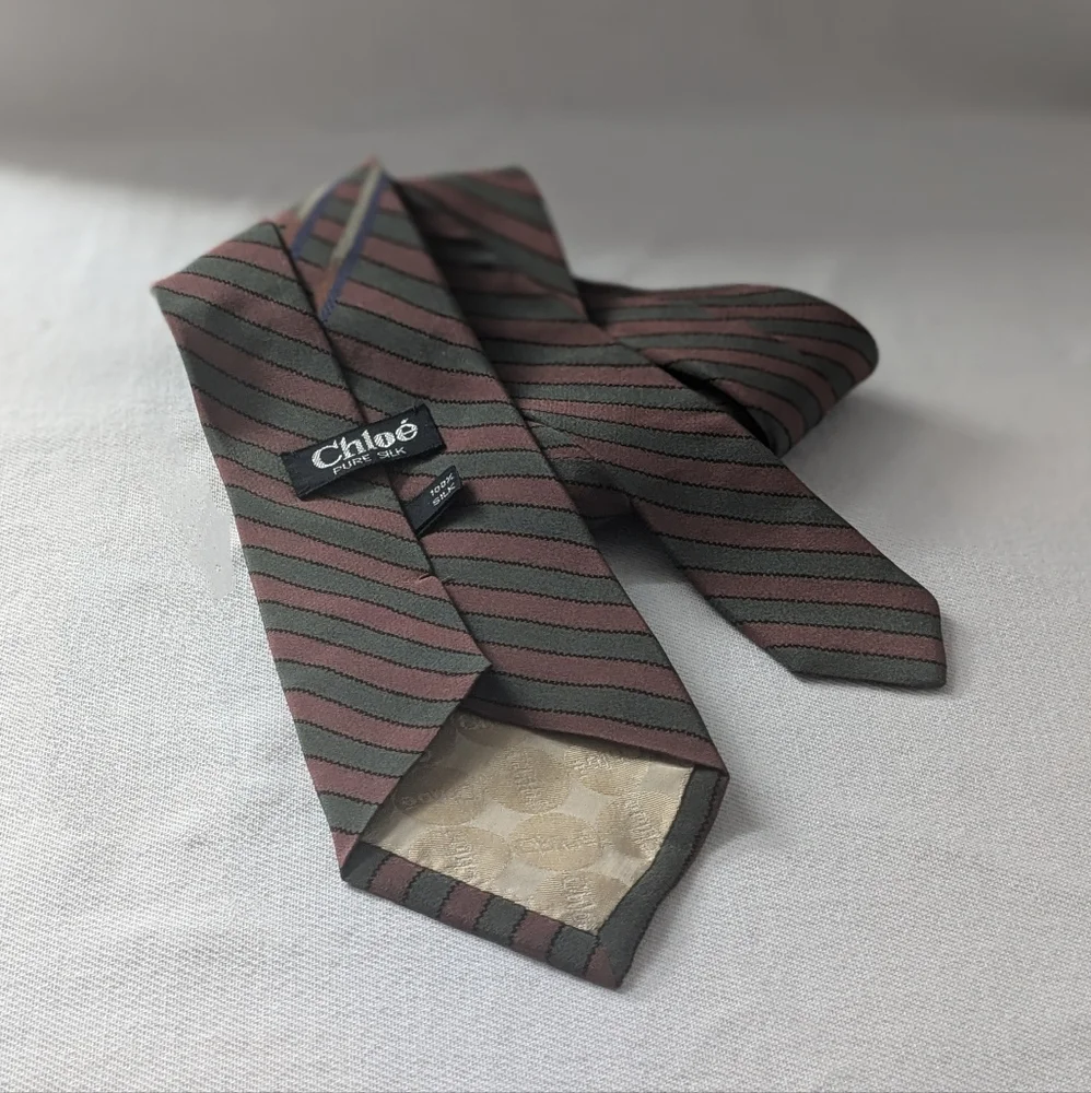 Vintage Chloe Dark Brown & Green Striped 100% Silk Tie Spain
